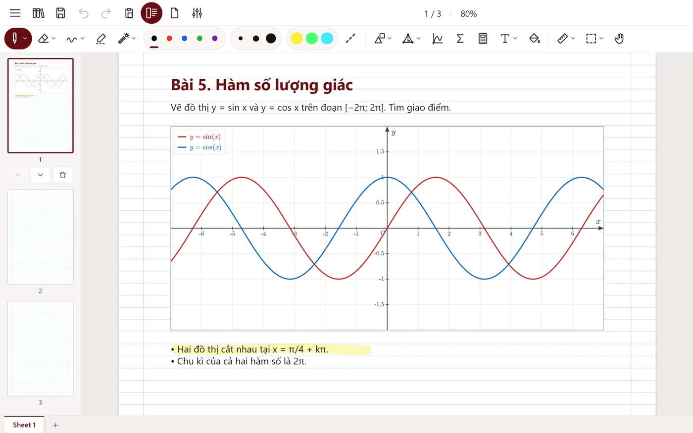 Đồ thị y = sin x và y = cos x trong NoteRenderer